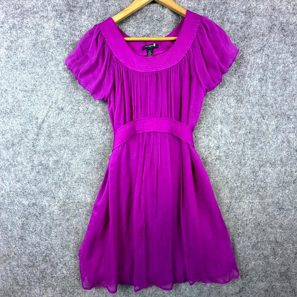 Banana Republic Fit & Flare Dress Women 2 Magenta Silk Belted Waist Puff Sleeve‎